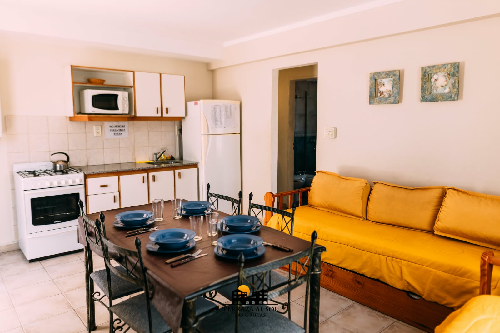 Kitchen, dining and living area